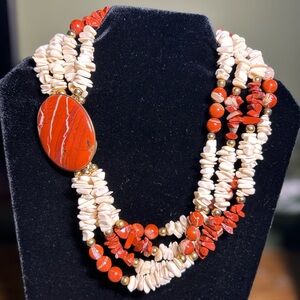 Red Jasper and Heshi Shell 4 Strand Bold Chunky Statement Necklace 20 inches